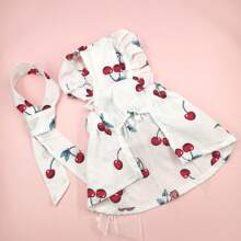 2pcs/Set Pet Clothes With Hair Clip, Cute Cherry Pattern Pet Clothes For Spring And Summer, Lace Bow Tie Dog Wedding Dress, Cat Skirt Suit Pet Clothing - White - View 6