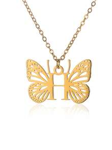 1入單一金色不銹鋼字母a-z首飾蝴蝶墜項鍊,適合女性,節日禮物 - 金色 - 查看 36