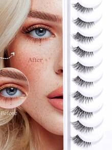 10對自然交叉外角貓眼款式加厚假睫毛，帶黑色線條延伸，適用於日常和約會彩妝必備，0.5-1.1cm長 - 眼尾拉長款 - 查看 1