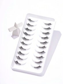 10對自然交叉外角貓眼款式加厚假睫毛，帶黑色線條延伸，適用於日常和約會彩妝必備，0.5-1.1cm長 - 眼尾拉長款 - 查看 2