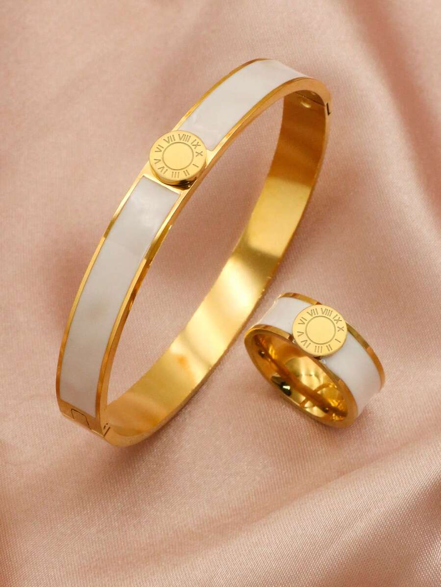 1 bộ/2 cái Thép không gỉ Men răng Nhẫn Bộ nhẫn Đối với phụ nữ Tròn Chữ số La mã Vòng tay Vàng Màu sắc Hợp thời Mới Lắc tay Bộ trang sức - Vàng - Xem 1