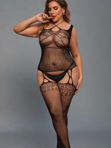 1pc Plus Size Sexy Lingerie, Crotchless And Detachable Bodysuit With Perspective & Hollow Out & Embroidered Mesh Design - Black - View 3