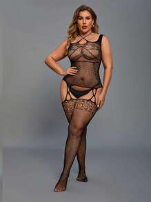 1pc Plus Size Sexy Lingerie, Crotchless And Detachable Bodysuit With Perspective & Hollow Out & Embroidered Mesh Design - Black - View 4