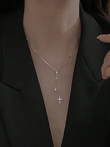 ESBERRY 1 Viên Đá Cubic Zirconia Tinh Tế Chéo Charm Vòng Cổ Bạc Cho Nữ Trang Trí Hàng Ngày - Bạc - Xem 1