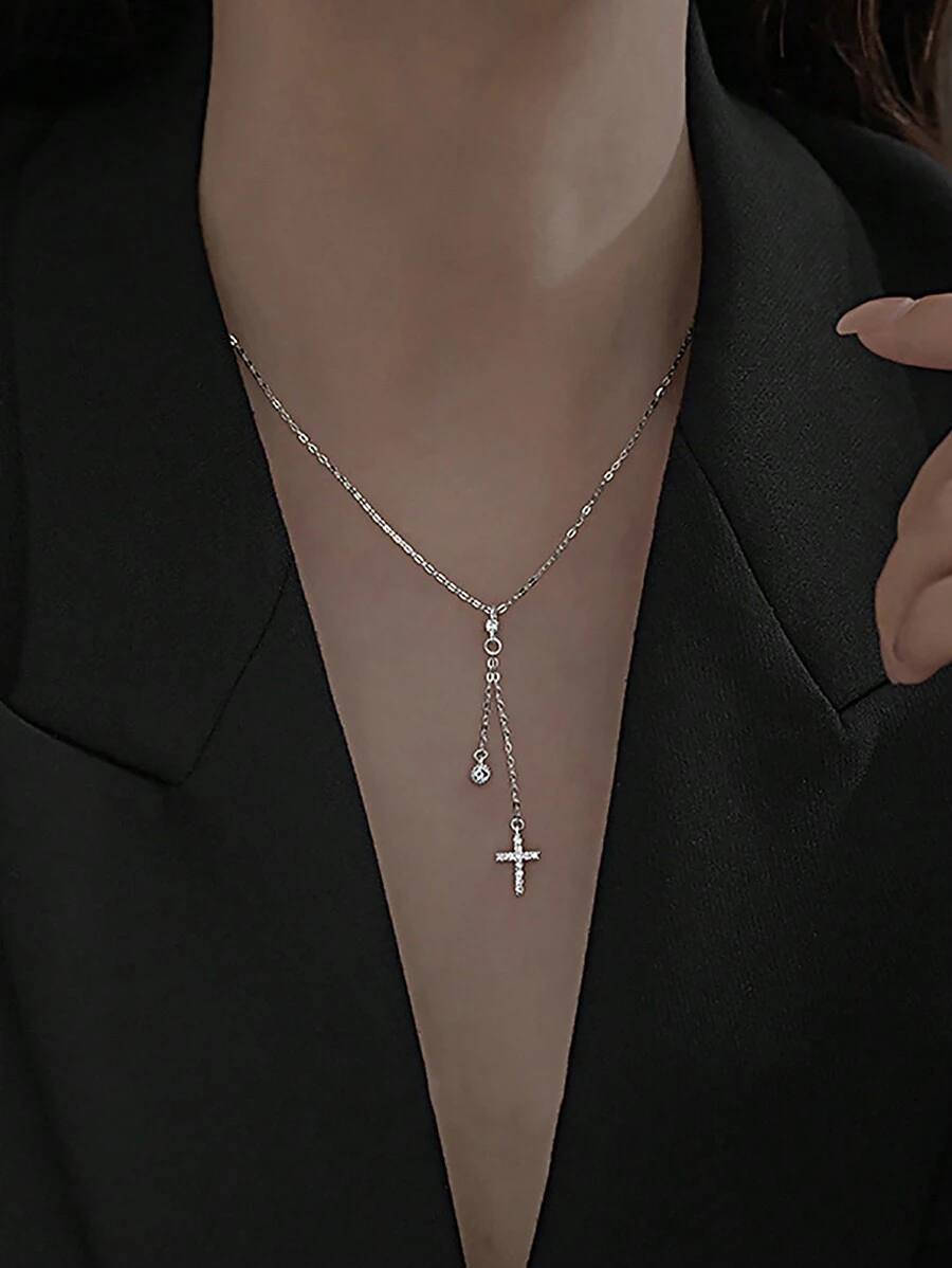 ESBERRY 1 Viên Đá Cubic Zirconia Tinh Tế Chéo Charm Vòng Cổ Bạc Cho Nữ Trang Trí Hàng Ngày - Bạc - Xem 1