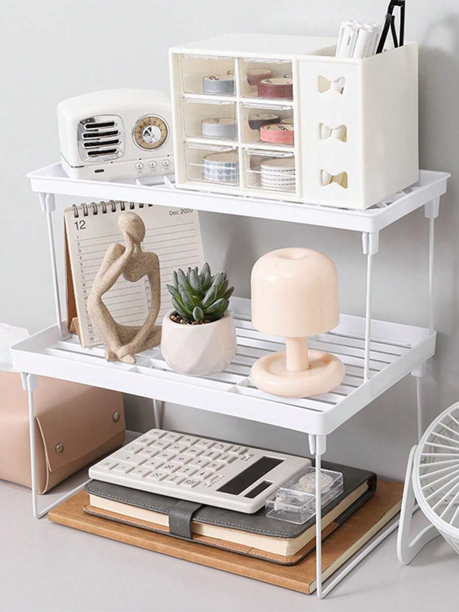1pc Foldable Storage Rack For Bathroom, Kitchen, Desktop Cosmetics, Sundries Organizer Shelf - White - View 1