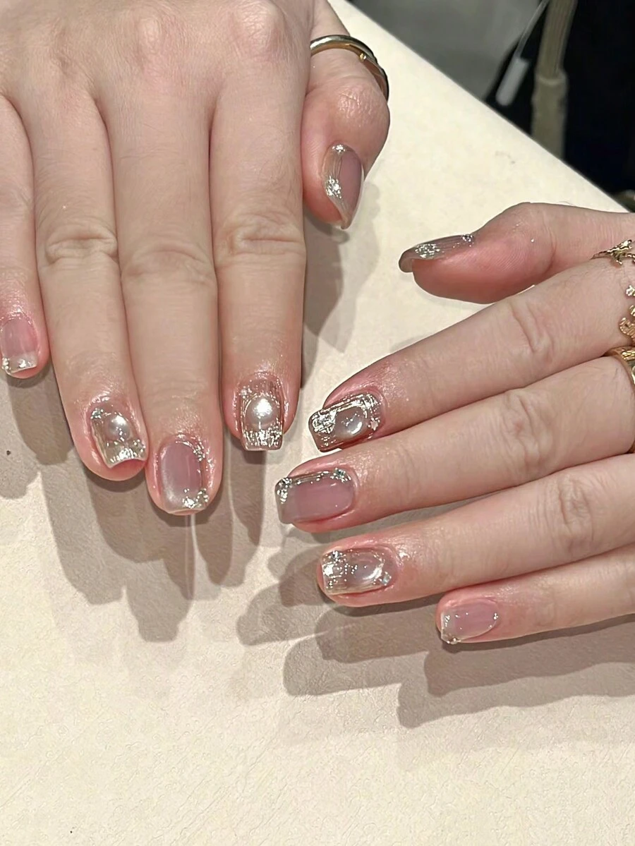 MYSEVENDAY 24入組短方形粉色貓眼鑽美甲,包括1支果凍膠和1把指甲文件,適合旅行、日常穿著和嬉戲玩耍,瞬間提升您的造型 - 彩色 - 查看 1