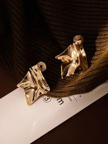 1 对夸张不对称造型非穿孔镀铜夹式耳环，表面闪亮，适合女性日常佩戴 - 金黃色-耳夾 - 查看 4