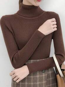 Suéter De Punto Acanalado De Cuello Alto De Color Sólido Para Mujer,Jersey de cuello tortuga tejido de canalé - Café integral - Ver 7