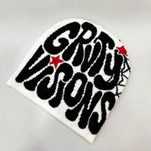 1 件冬季針織提花字母圖案無簷小便帽,嘻哈龐克風格 - 白色 - 查看 4