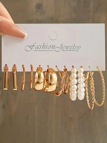 12對/套極簡c形設計人造珍珠耳環套裝,適合約會、度假和聖誕節 - 金黃色 - 查看 12