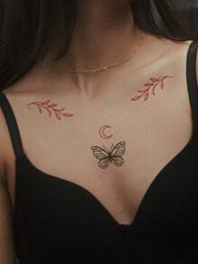 1 件防水防汗 PVC 临时纹身贴纸，带有性感蝴蝶、火焰、字母、蛇和叶子图案，适合时尚领袖日常使用 - 彩色 - 查看 1