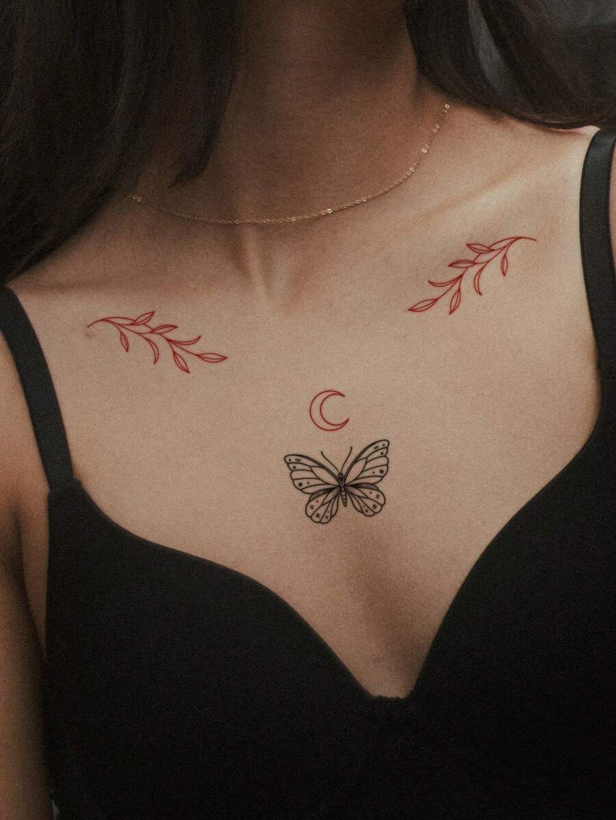 1 件防水防汗 PVC 临时纹身贴纸，带有性感蝴蝶、火焰、字母、蛇和叶子图案，适合时尚领袖日常使用 - 彩色 - 查看 1