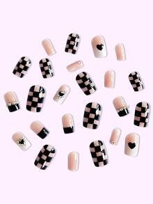 24 件时尚长方形情人节心形棋盘法式美甲套装，镶嵌钻石，提升您的造型，适合派对、舞会和日常佩戴 - 黑色 - 查看 3