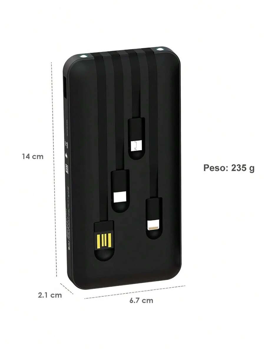 Power Bank 1hora 10000mah Carga 2.1A Batería Portátil con 4 Cables Micro USB / V8 IP Tipo C - Negro - Ver 1