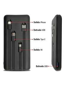 Power Bank 1hora 10000mah Carga 2.1A Batería Portátil con 4 Cables Micro USB / V8 IP Tipo C - Negro - Ver 3