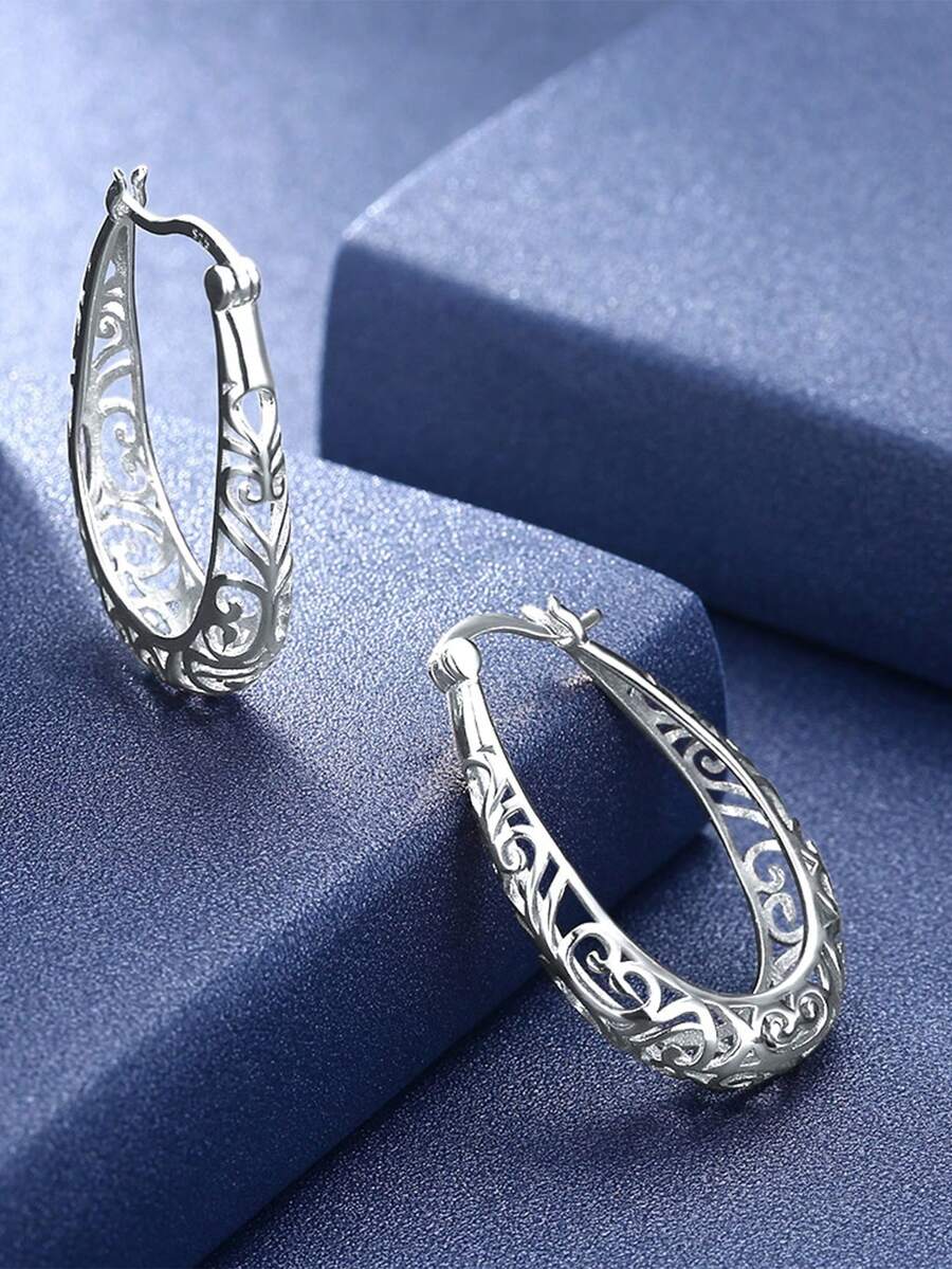 Hollow Out Sterling Silver Hoop Earrings - Silver - View 1