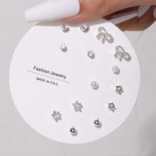 14pcs/Set Cute Flower, Heart & Bow Stud Earrings For Women, Suitable For Casual Daily Wear