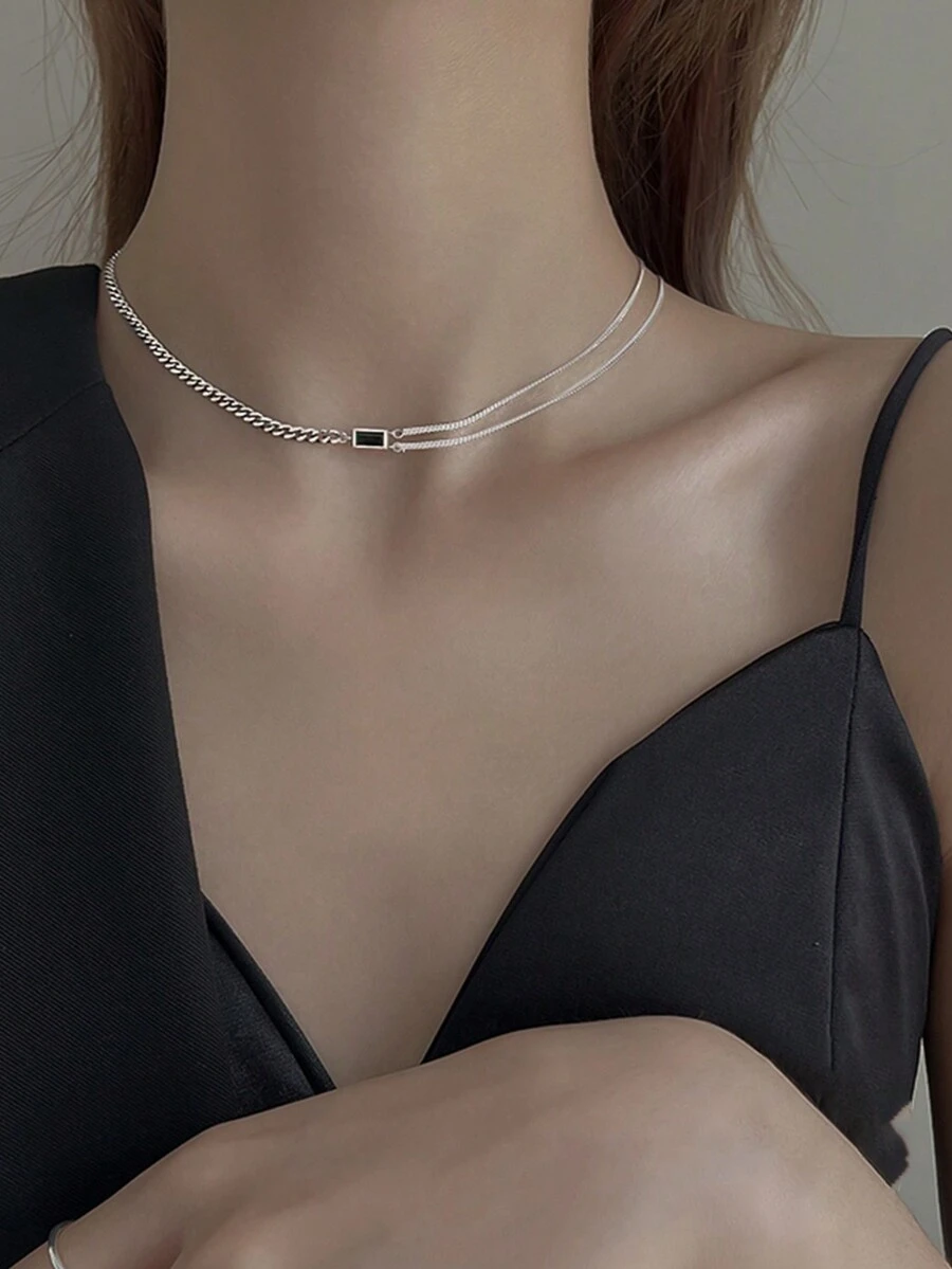 1入組漂亮&迷人方晶鋯石女性派對週年禮物S925純銀項鍊 - 銀色 - 查看 1