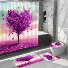1/4入組生命之樹浪漫淋浴門簾套裝紫色楓葉3d心型樹淋浴門簾農村現代農場防滑地墊u型墊廁所座墊浴室裝飾,附12個掛勾,71x71英吋 - 紫色 - 查看 1