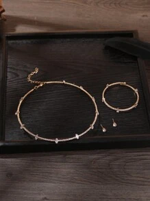 1pc Fashionable & Elegant Bridal Jewelry Set Including Full Rhinestone Bracelet, Sweetheart Full Rhinestone Necklace And A Pair Of Rhinestone Stud Earrings - Gold - View 6