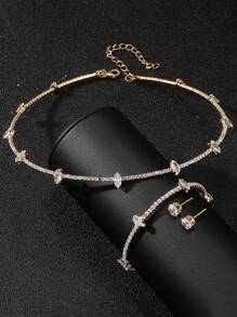 1pc Fashionable & Elegant Bridal Jewelry Set Including Full Rhinestone Bracelet, Sweetheart Full Rhinestone Necklace And A Pair Of Rhinestone Stud Earrings - Gold - View 3