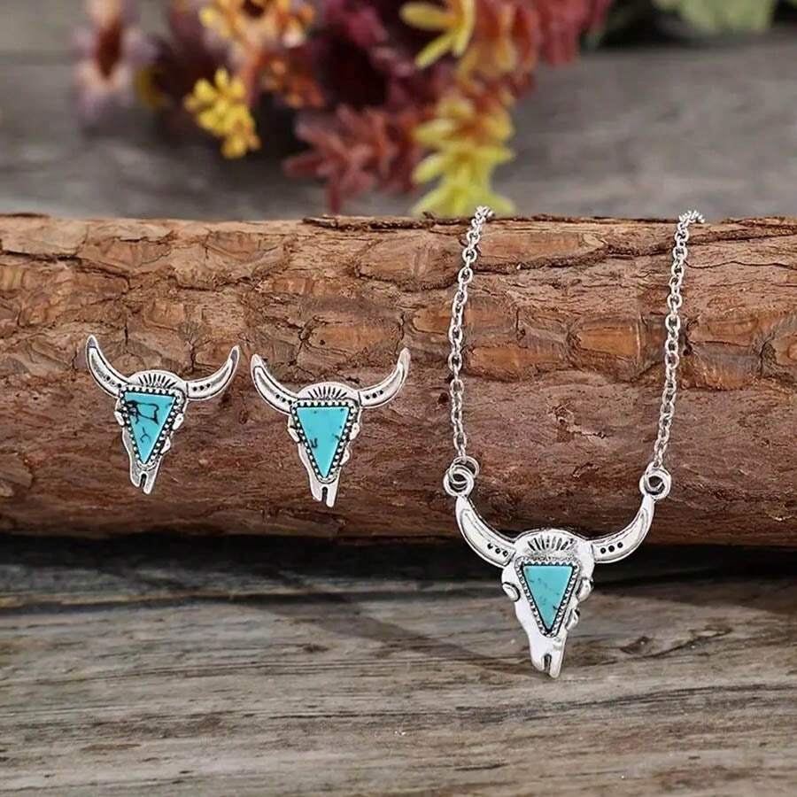 1 件/套西式牛頭、閃電、仙人掌、心形、花朵、綠松石和風格吊墜項鍊和耳環 - 白松石 - 查看 1
