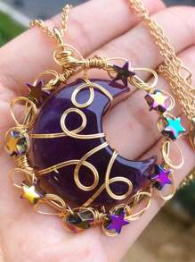 Crystal Amethyst Moon Star Life Tree Mix Material Healing Stones Chips Pendant Necklace