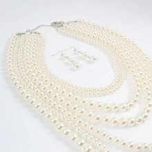 Conjunto De Collar De Cadena Larga De Suéter Multicapa Vintage Y Minimalista Con Perlas Falsas Y Aretes
