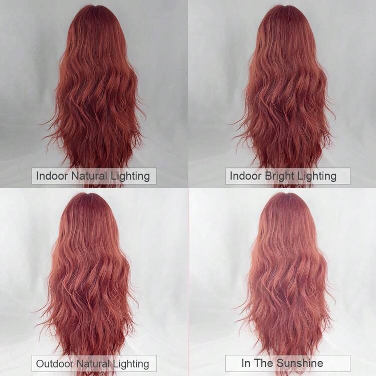 Perruque longue, ondulée et naturelle en rouge pour femmes avec frange, perruque synthétique résistante à la chaleur pour usage quotidien et fête - Rouge - Voir 8