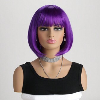 Damen Modische Kurze Bob Perücke Mit Natürlichen Locken, Luft Pony Und Gekehrte Bob Frisur, Lila, 12 Zoll, Aus Synthetischer Faser, Geeignet Für Cosplay, Halloween Party, Kostümparty Usw.