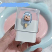 Hộp bảo vệ đầu sạc 20w Kem hình gấu hoạt hình màu xanh trong suốt, tương thích với bộ sạc điện thoại Apple - Màu xanh lam - Xem 4