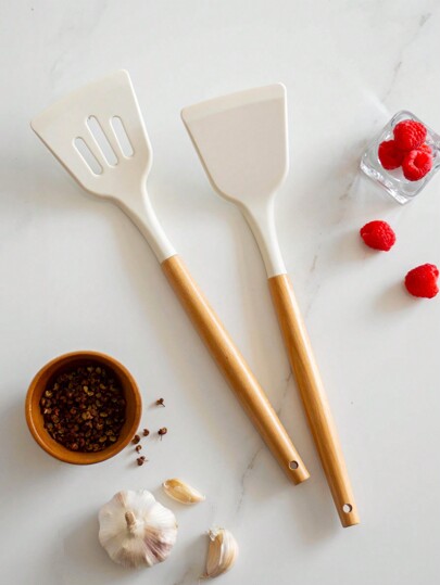 2 Packs Silicone Cooking Spatula, Heat Resistant Solid Turner, Non Stick Slotted Spatulas With Wooden Handle, Kitchen Utensils Set For Frying, Baking Flipping(White)