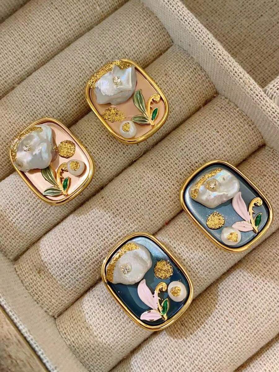 Baroque Painting Style Pearl Earrings, 925 Sterling Silver Pin, Light Luxurious And Unique Design - Flowers - View 1