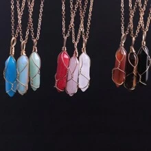 1個六角形人造水晶吊墜手工藝,天然石頭包絲玫瑰石英尖六角柱吊墜項鍊,女性用於製作療癒能量首飾和項鍊製作的掉貨 - 繞線吊墜項鍊 - 查看 1