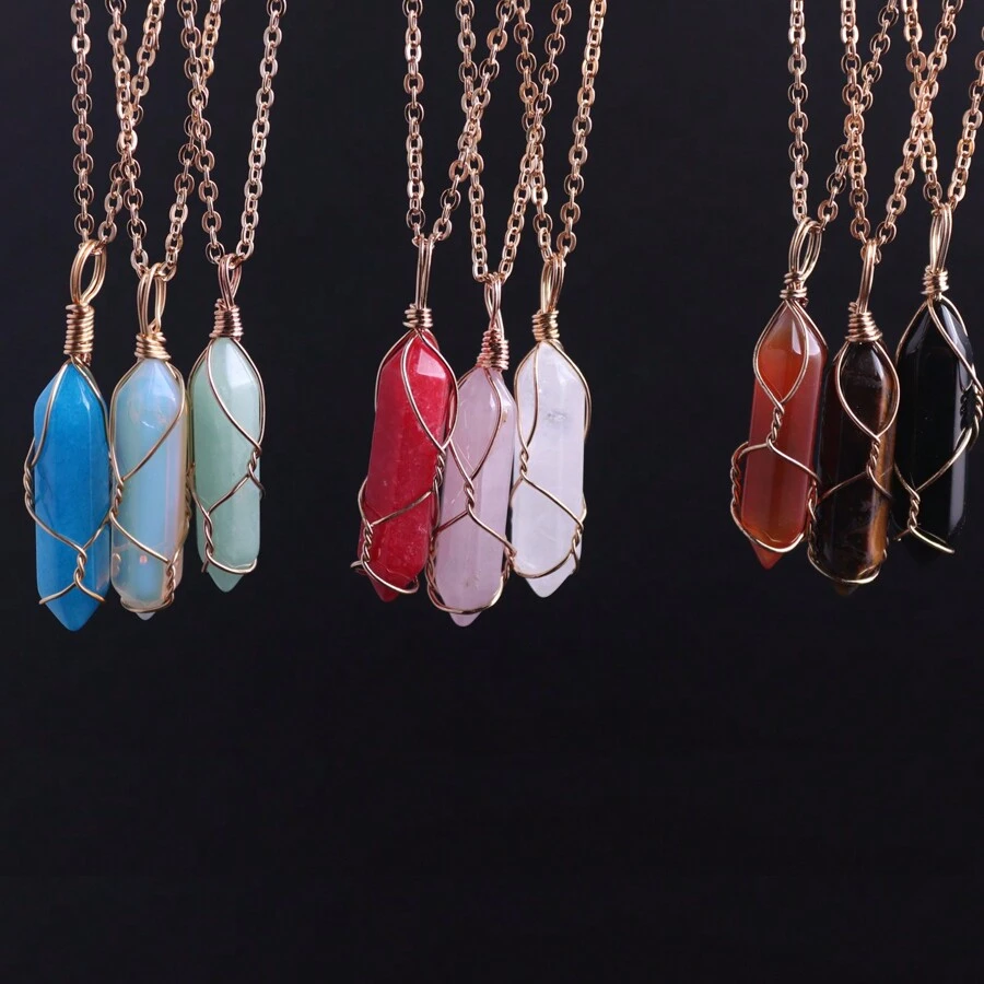 1個六角形人造水晶吊墜手工藝,天然石頭包絲玫瑰石英尖六角柱吊墜項鍊,女性用於製作療癒能量首飾和項鍊製作的掉貨 - 繞線吊墜項鍊 - 查看 1