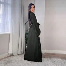 1pc Elegant Satin Long Skirt With Rhinestone Decoration And Soft Drape Shawl. This Modern Outfit Is Suitable For Daily Wear - Black - View 2