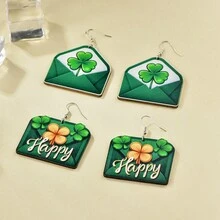 2 件裝新款時尚聖派翠克節主題愛爾蘭派對假日木製女士耳環吊式耳環 - 1 - 查看 3