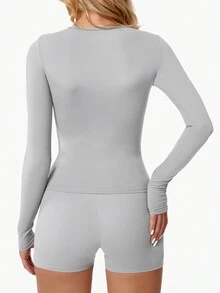 Women'S High Elastic Exercise Yoga Tight Base T-Shirt - Grey - View 2