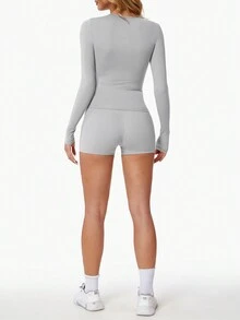 Women'S High Elastic Exercise Yoga Tight Base T-Shirt - Grey - View 3