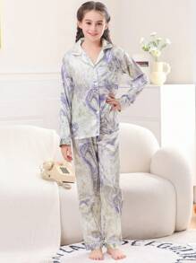青少女2入組冰絲有領釦扣長袖襯衫和長褲睡衣，春秋季節 - 紫色 - 查看 2