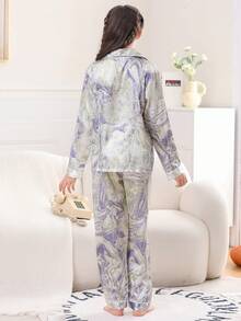 青少女2入組冰絲有領釦扣長袖襯衫和長褲睡衣，春秋季節 - 紫色 - 查看 3