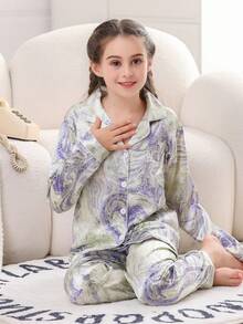 青少女2入組冰絲有領釦扣長袖襯衫和長褲睡衣，春秋季節 - 紫色 - 查看 5