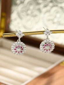 1對時尚優雅的雙色鋯石耳釘,銀色,適合女性在日常生活和各種活動中佩戴 - 玫紅色 - 查看 3