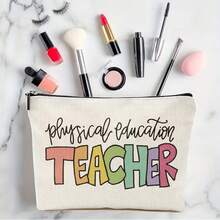 1個高密度亞麻化妝包,有字母印花 - 米色 - 查看 4