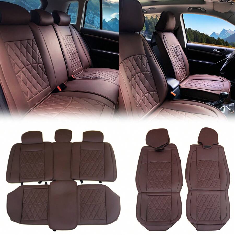 4PCS Universal Seat Covers Black/Brown/Beige/Red For Most Cars SUVs Trucks 04 Style PU & Leather Waterproof Easy Clean Auto Car Driver Passenger Side Seat Cushion Protector Cover Interior Car Accessories Holiday Auto Upgrade For Men - 棕色 - 查看 1