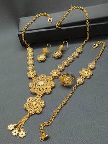 Luxury Women's Hollow Out Necklace, Earrings, Bracelet, Ring Jewelry Set For Saudi Arabia, , Dubai Bride Wedding, Banquet Gift, Headwear, Earrings, Bracelets - Yellow Gold - View 2