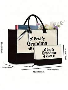 2Pcs Best Grandma Ever Reusable Canvas Tote Bag Gift For Grandmother From Grandchild, Mother's Day Gifts For Grandma, Grandma Gifts Ideas Handbag For Nana, Grandmother Birthday Gifts For Grandma, Great Grandma Gifts From Grandchild, High-Capacity Tote Bag, Gift For Mom, Personalized Birthday Thanksgiving Retirement Christmas Gifts For Women, Book Tote Bag, Letter Print Tote Bag Set, Large Capacity Tote Bag & Coin Bag, Perfect Handbag For Shopping - Black and White - View 4