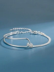 1入簡約款雙層不對稱鏈結扣手鍊,附帶時尚涼感 - 復古銀色 - 查看 2