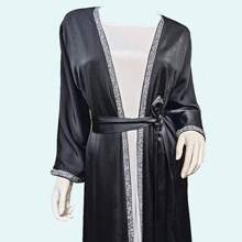 1pc Elegant Satin Long Skirt With Rhinestone Decoration And Soft Drape Shawl. This Modern Outfit Is Suitable For Daily Wear - Black - View 4